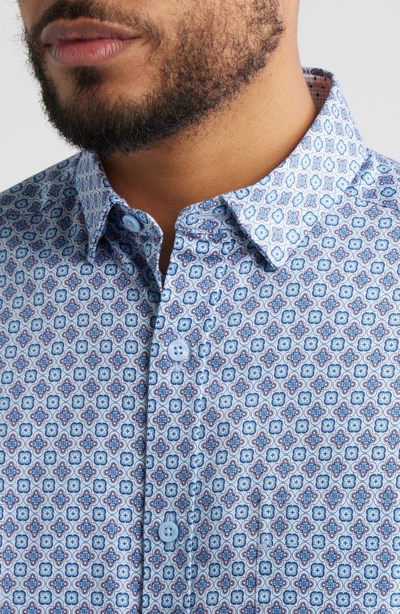 Johnston & Murphy Logan Print Button-Up Shirt, Alternate, color, Blue/ Pink Floral Tile
