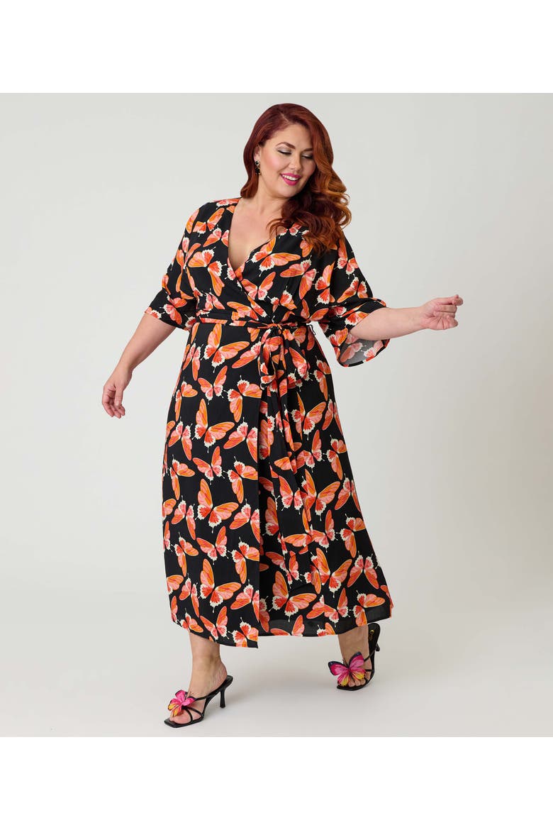 Plus Size 1970s Wrap Midi Dress, Main, color, Black w/ Red Butterfly Print