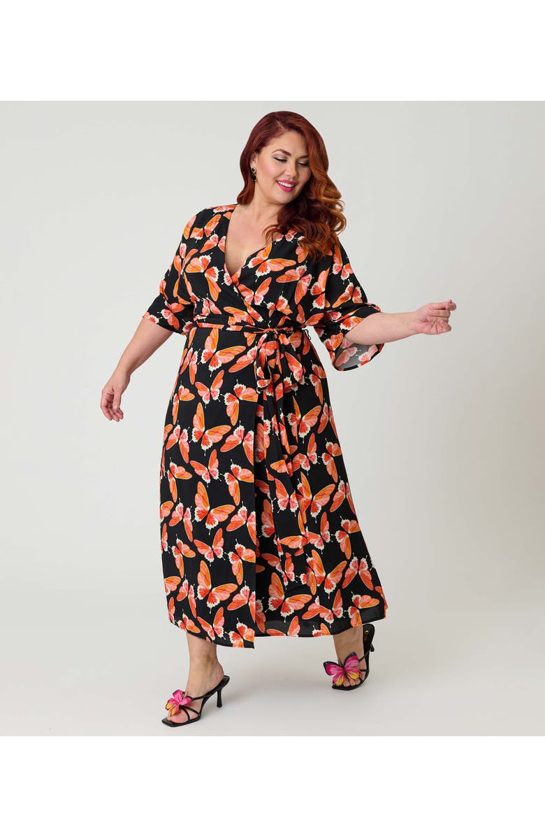 Unique Vintage Plus Size 1970s Wrap Midi Dress, Main, color, Black W/ Red Butterfly Print