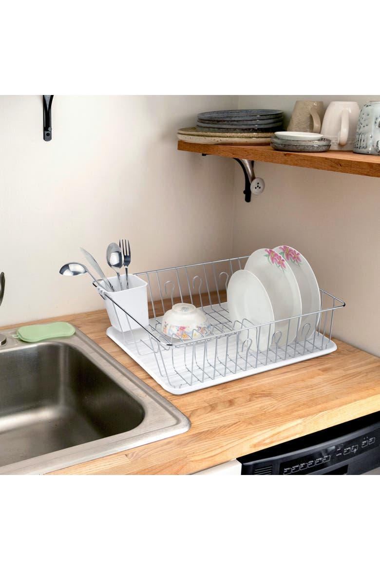 16-Inch Dish Rack in White with Cutlery Holder, Alternate, color, Silver