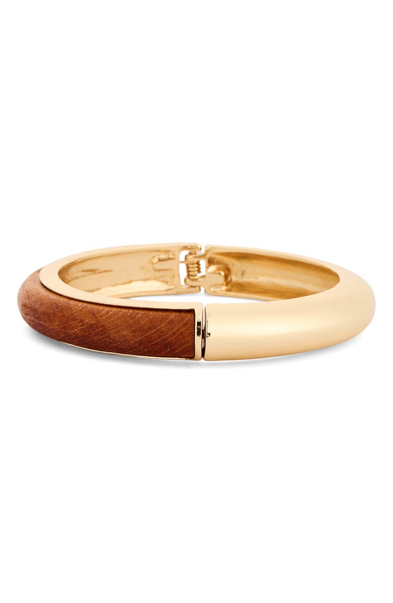 NORDSTROM RACK Wood & Metal Hinge Bangle Bracelet, Main, color, Brown- Gold