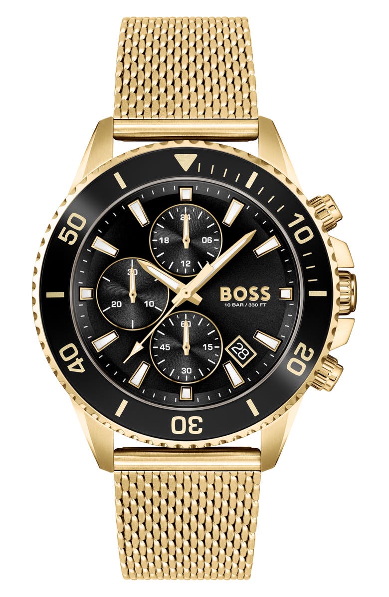BOSS Admiral Mesh Strap Chronograph Watch, 45mm, Main, color, Black