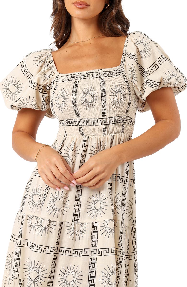 Petal & Pup Soleil Puff Sleeve Midi Dress, Alternate, color, Beige Black