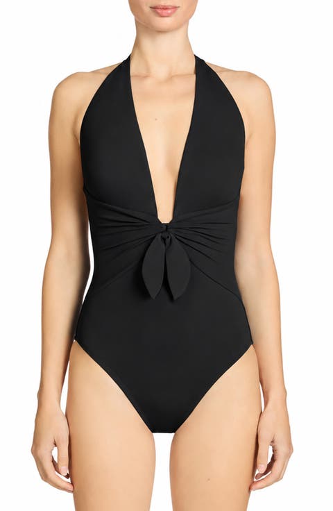 Ava Plunge Halter Knot One-Piece Swimsuit