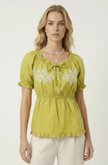 Modenaire Embroidered Ruffle Trim Peplum Blouse