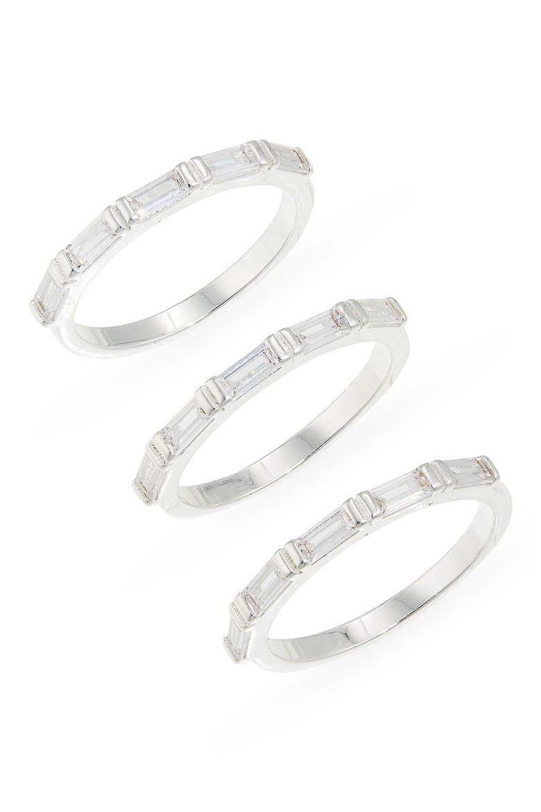 Set of 3 Baguette Cubic Zirconia Stackable Band Rings, Main, color, CLEAR- SILVER