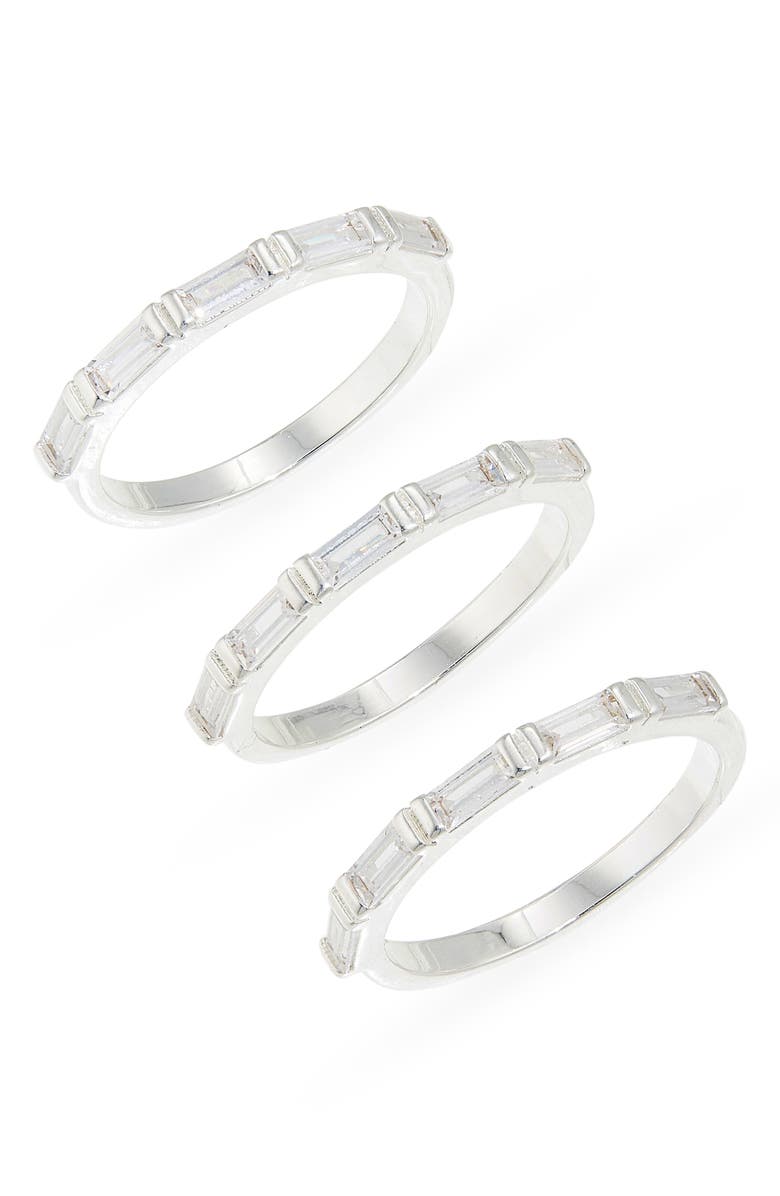 NORDSTROM RACK Set of 3 Baguette Cubic Zirconia Stackable Band Rings, Main, color, Clear- Silver