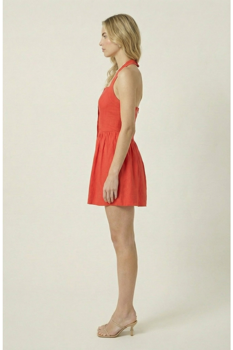 Halter Mini Dress with Button Front and Flared Skirt, Alternate, color, Coral Red