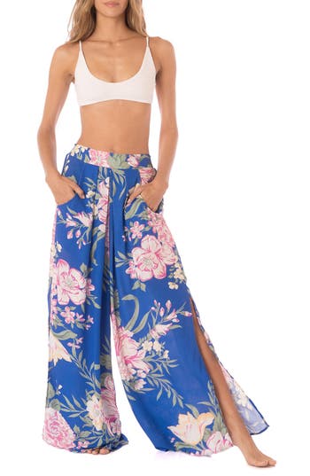 Maaji Floralia Ophelia Split Wide Leg Cover-up Pants In Blue Multicolor