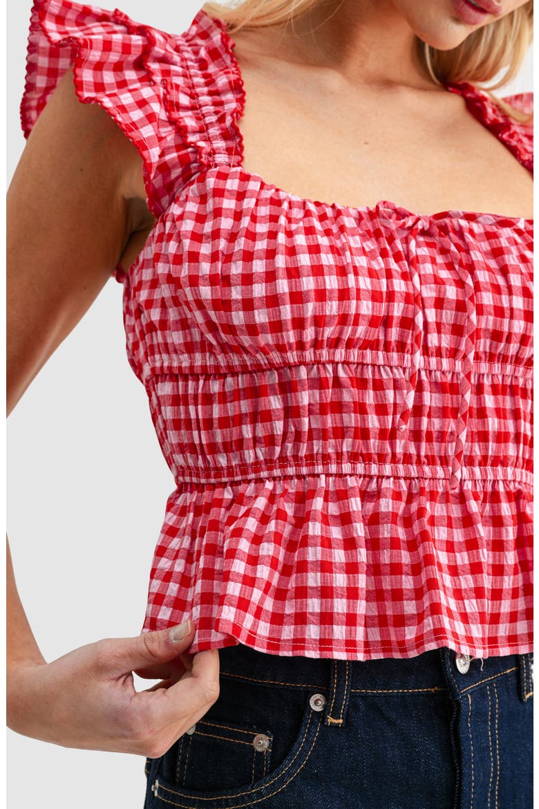 Gingham Smocked Bodice Peplum Top, Alternate, color, RED GINGHAM