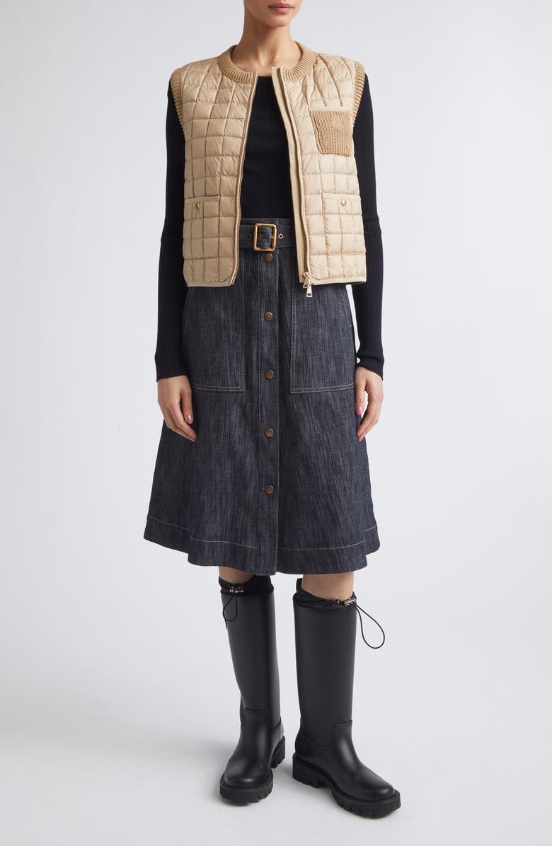 Moncler Belted Denim Midi Skirt, Alternate, color, Blue