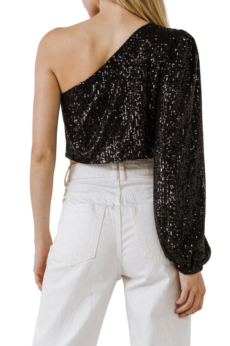 Sequined One-Shoulder Crop Top, Alternate, color, BLACK