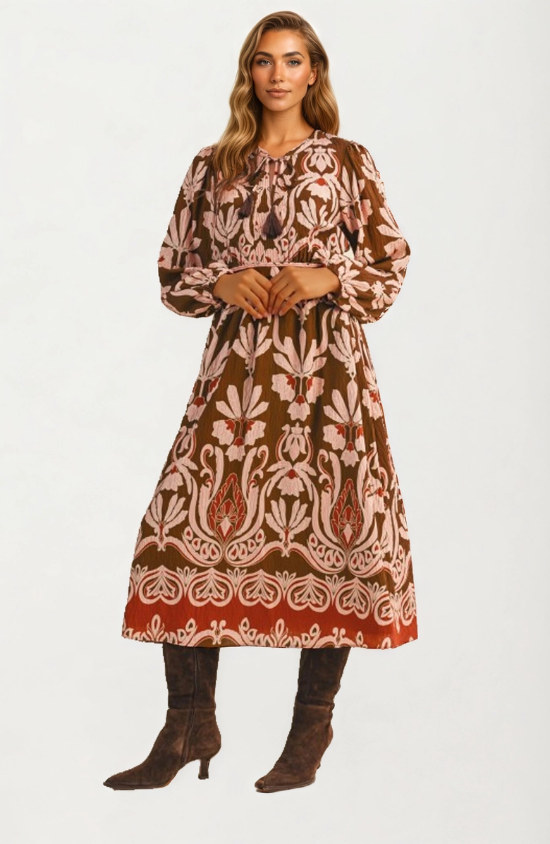 Knit and Lounge Long Sleeve Midi Dress with Tie Neck and Flowing Silhouette, Alternate, color, Brown