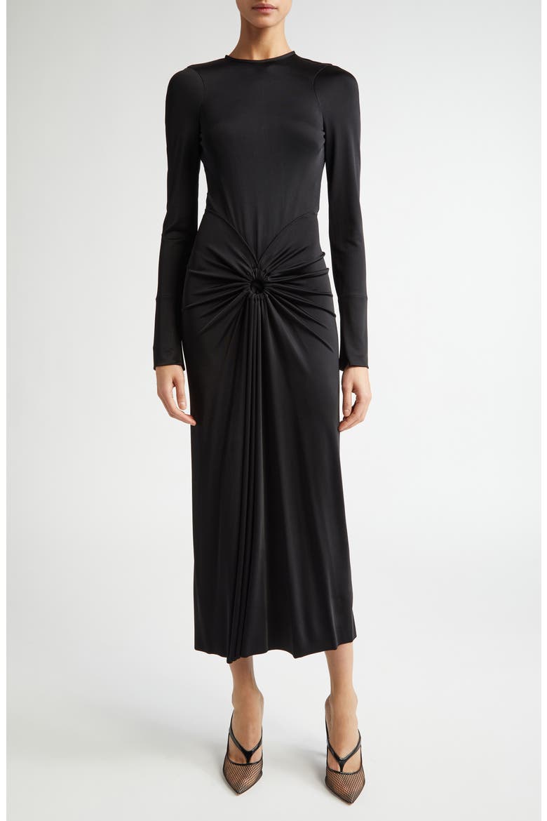 Long Sleeve Gathered Jersey Midi Dress, Main, color, BLACK