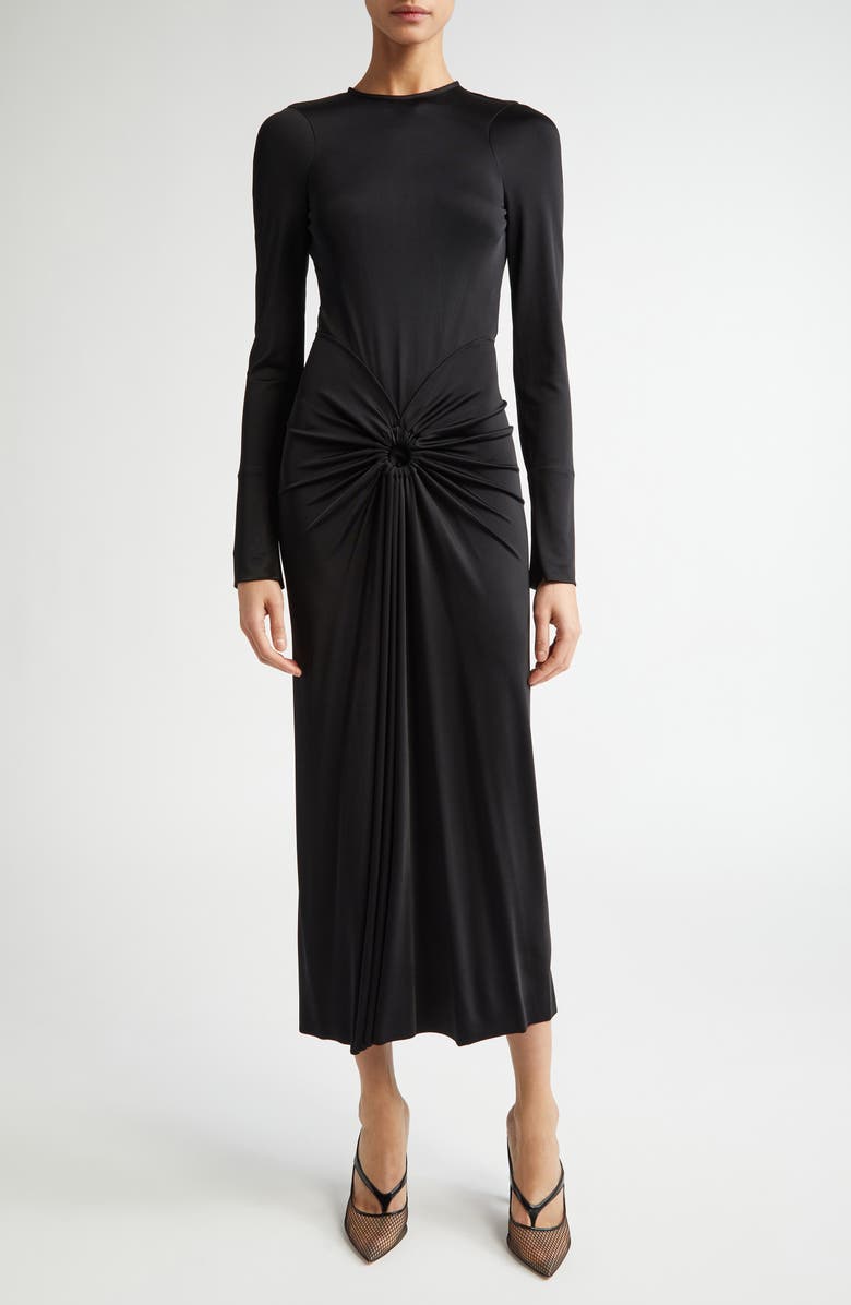 Victoria Beckham Long Sleeve Gathered Jersey Midi Dress, Main, color, Black