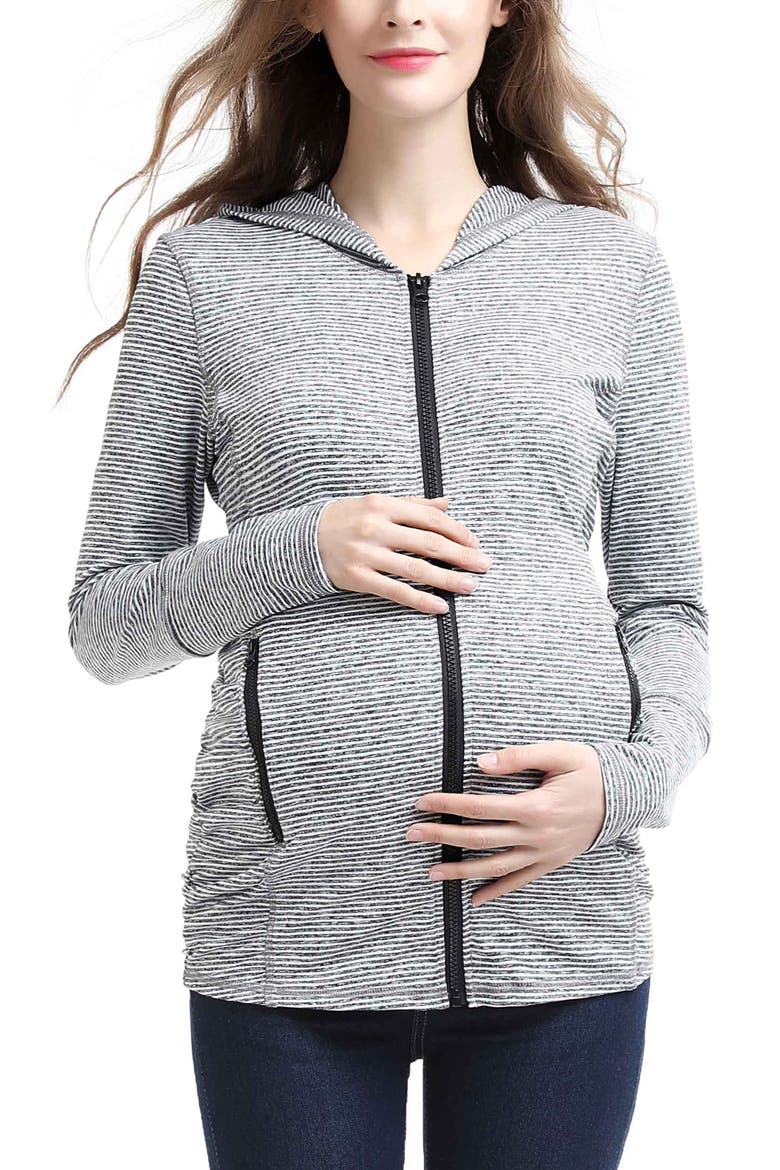 Haven Striped Side Ruched Maternity Performance Hoodie, Main, color, Black White