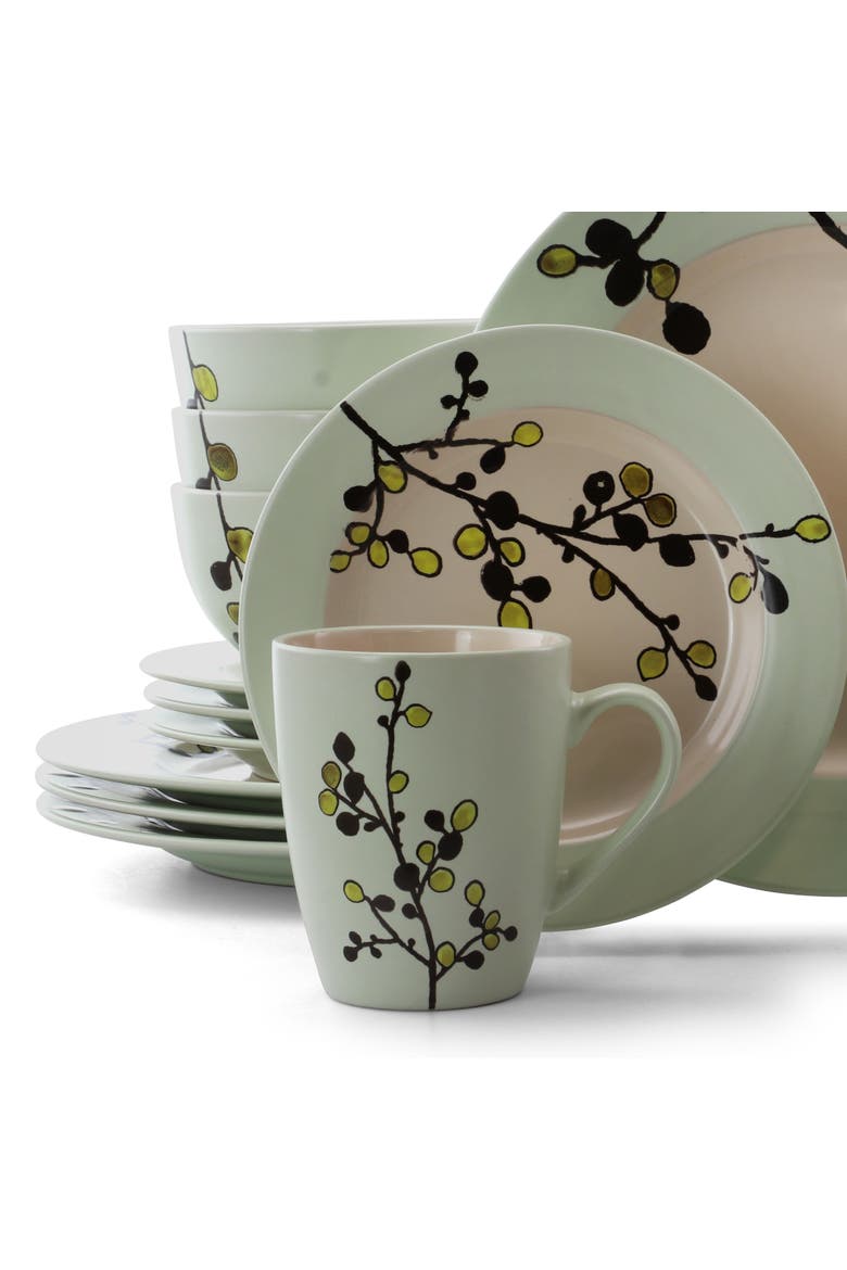 Retro Bloom 16 Piece Luxurious Stoneware Dinnerware, Alternate, color, Green