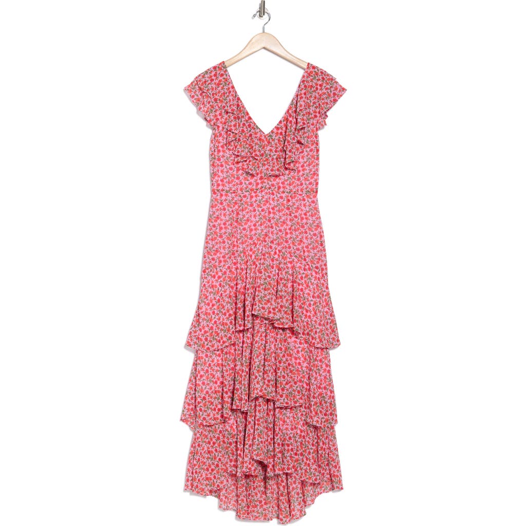 Shop Wayf Floral Ruffle Tiered Dress In Pink/red Mini Roses