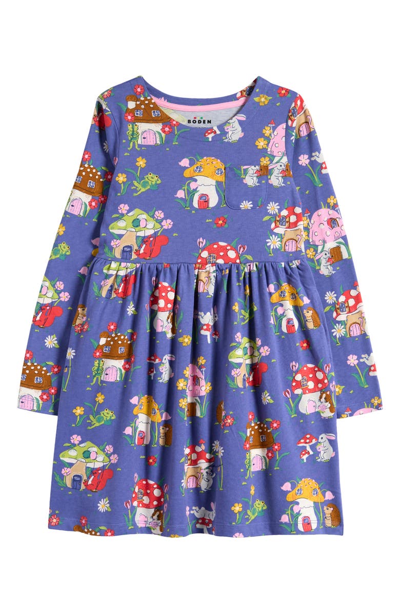 Mini Boden Kids' Toadstool Print Long Sleeve Cotton Dress, Main, color, 