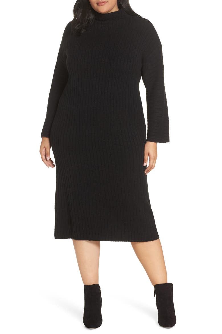 Ribbed Midi Sweater Dress, Main, color, BLACK