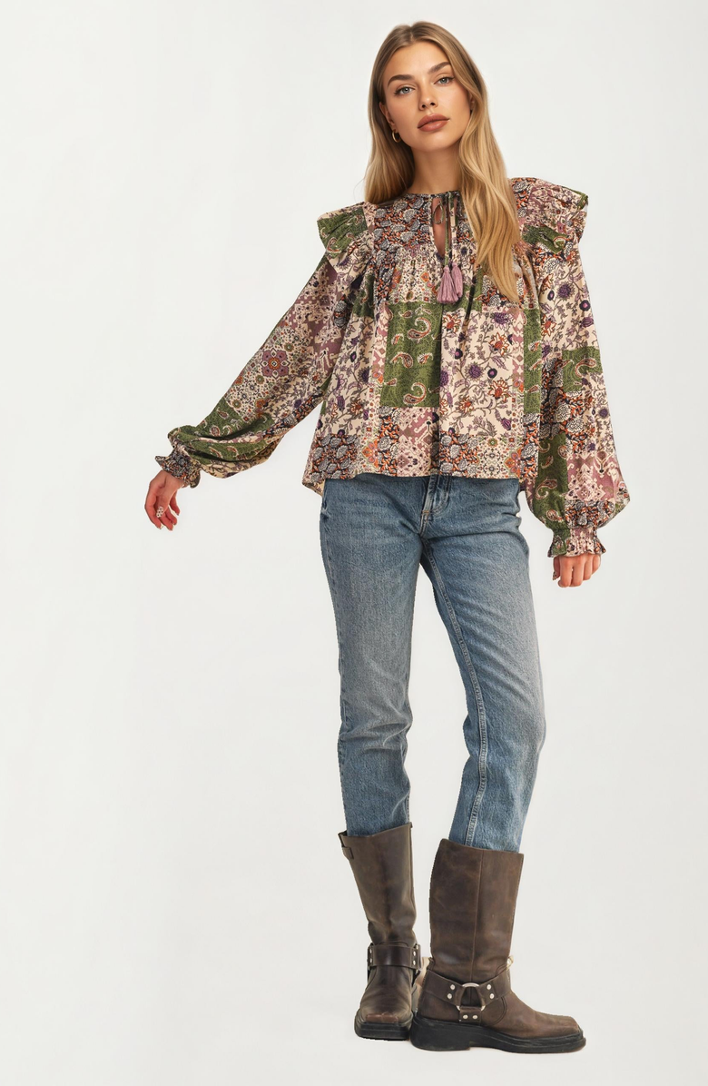 Knit and Lounge Boho Patchwork Ruffle Tassel Tie Neckline Blouse, Alternate, color,