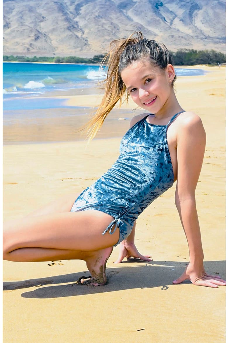 Velour Gathered One Piece Swimsuit, Alternate, color, Slate