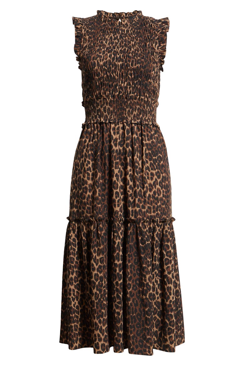 Vivier Leopard Print Smocked Midi Dress, Alternate, color, BROWN NALA
