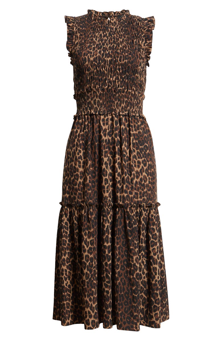 Rails Vivier Leopard Print Smocked Midi Dress, Alternate, color, Brown Nala