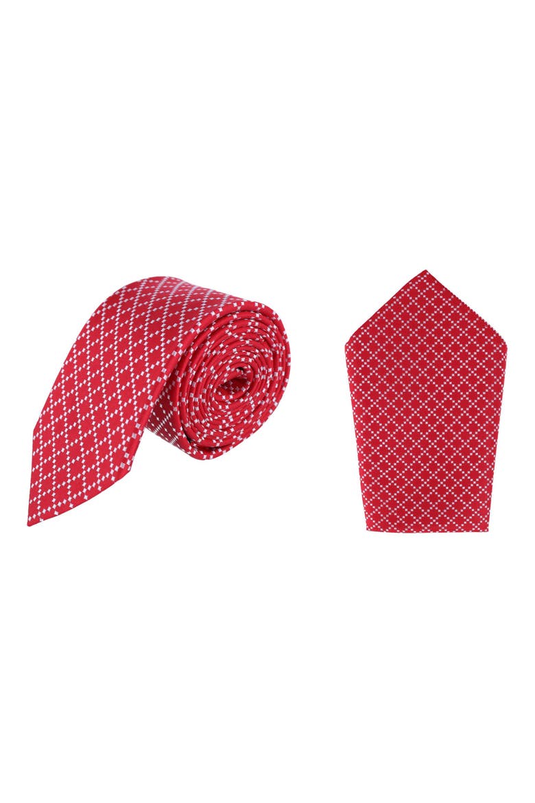 Rowan Geometric Pattern Silk Necktie and Pocket Square Bundle, Main, color, Red