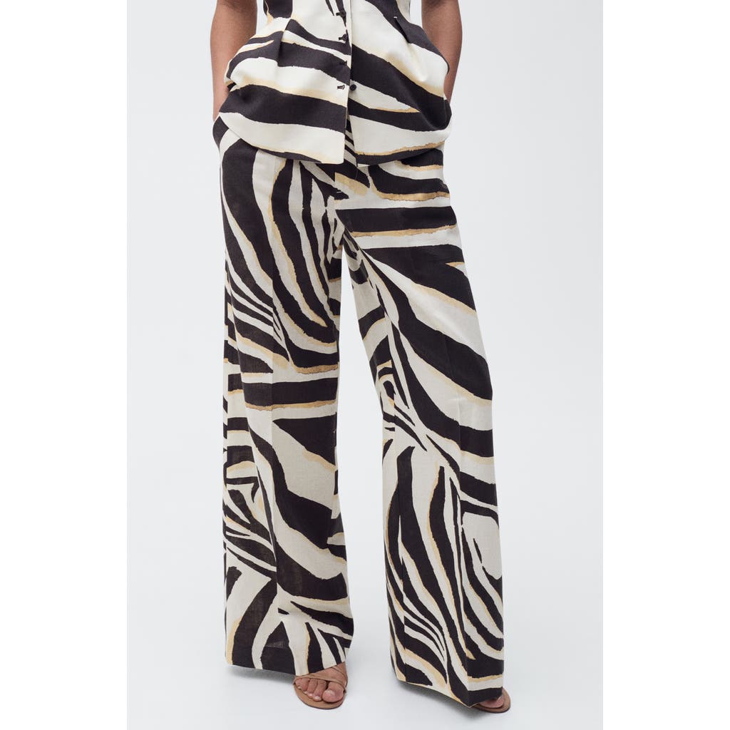 Mango Zebra Linen & Cotton Wide Leg Pants In Beige