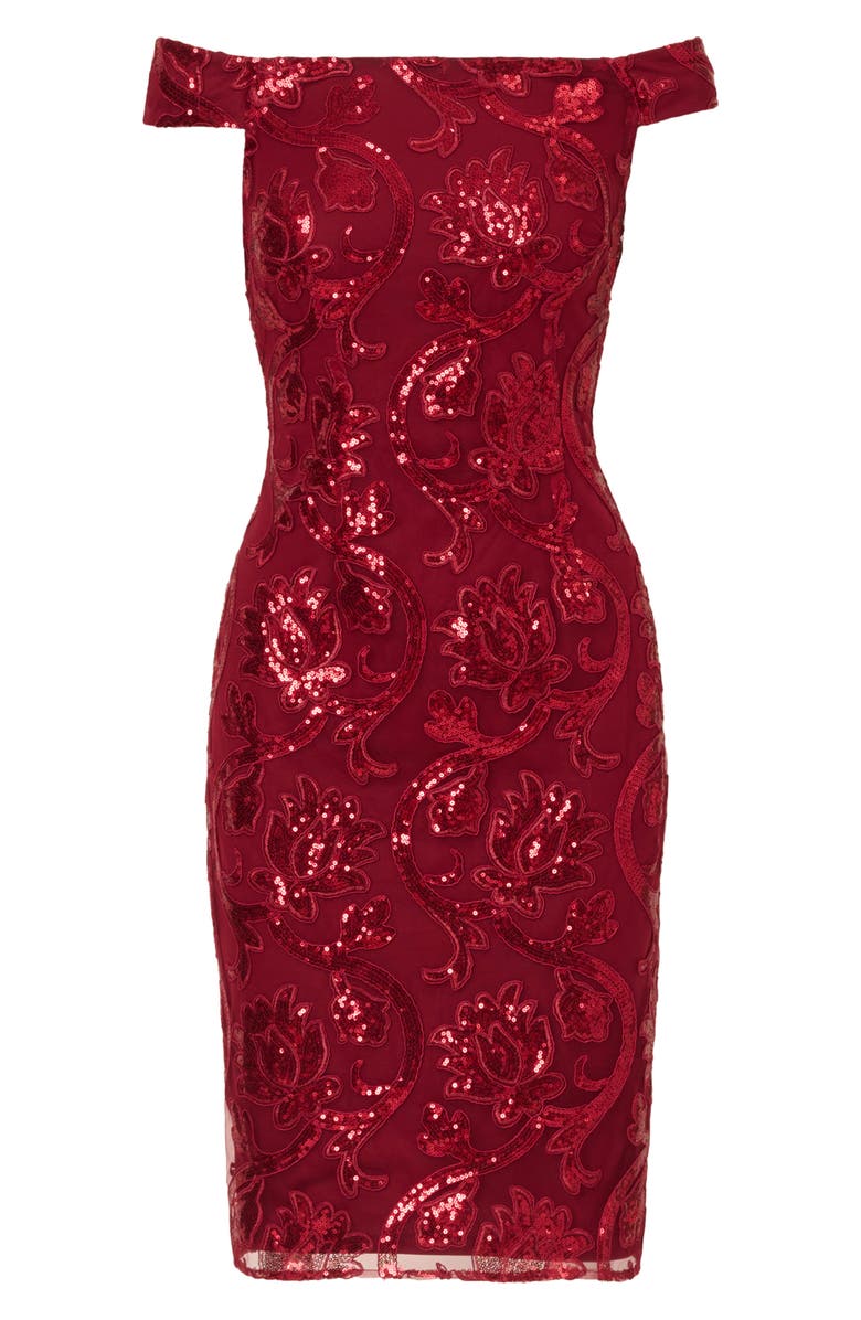 Adrianna Papell Sequin Off the Shoulder Sheath Cocktail Dress, Alternate, color, Garnet