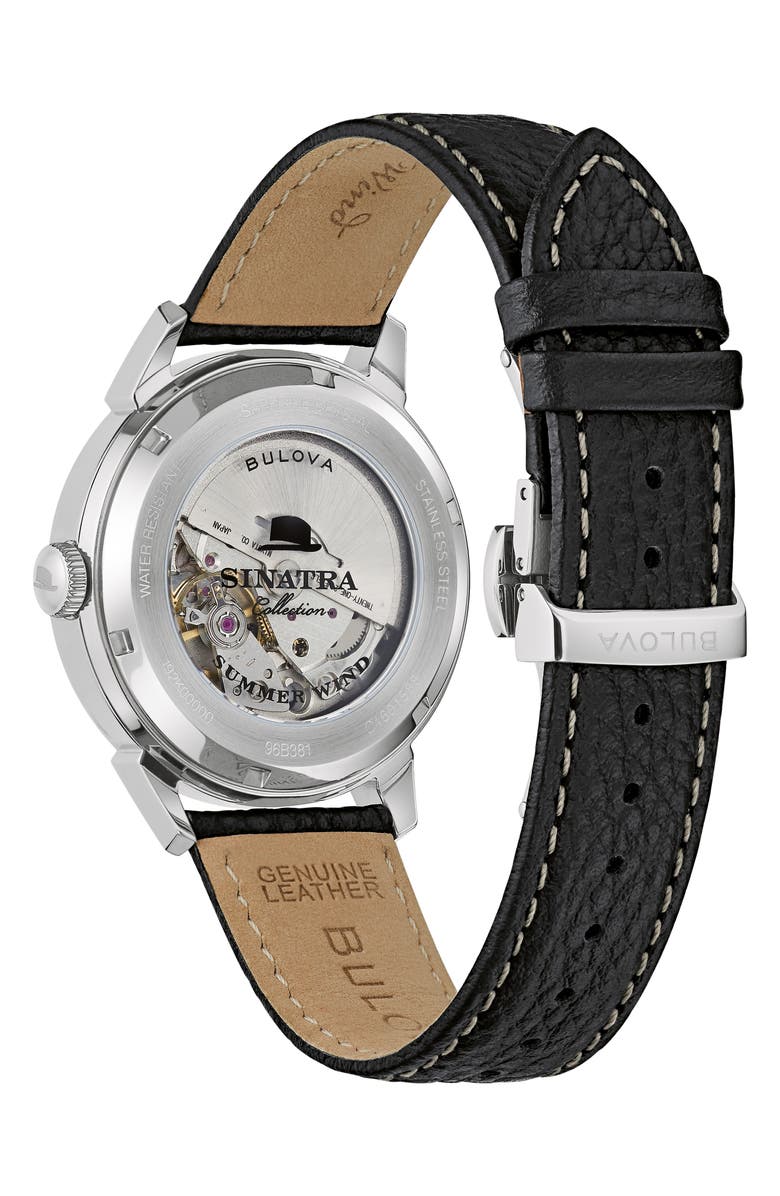 BULOVA Frank Sinatra Summer Wind Leather Strap Watch, 40mm, Alternate, color, Silver-Tone