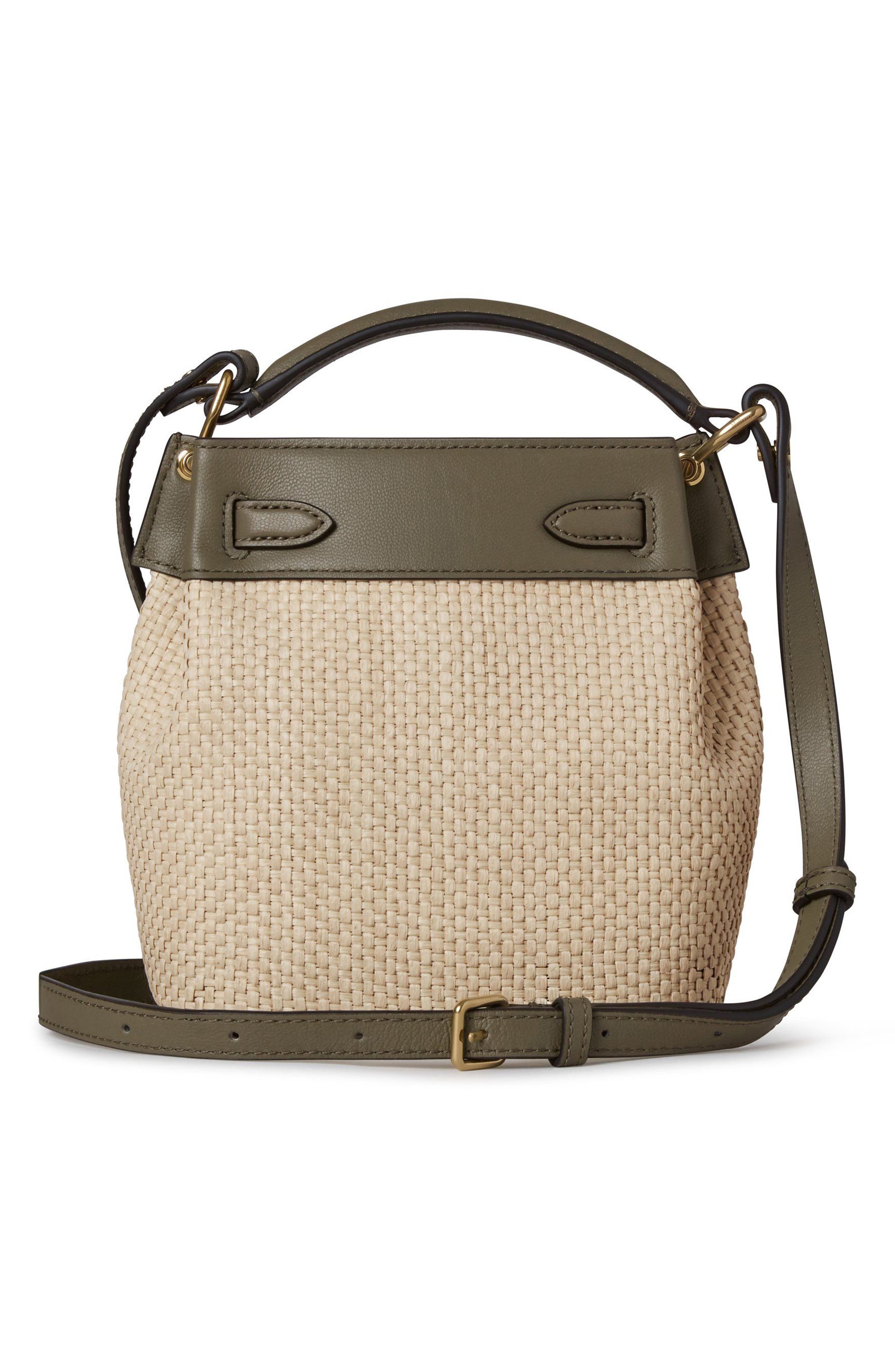 Mulberry Mini Islington Woven Raffia & Leather Bucket Bag, Alternate, color, Linen Green/ Natural
