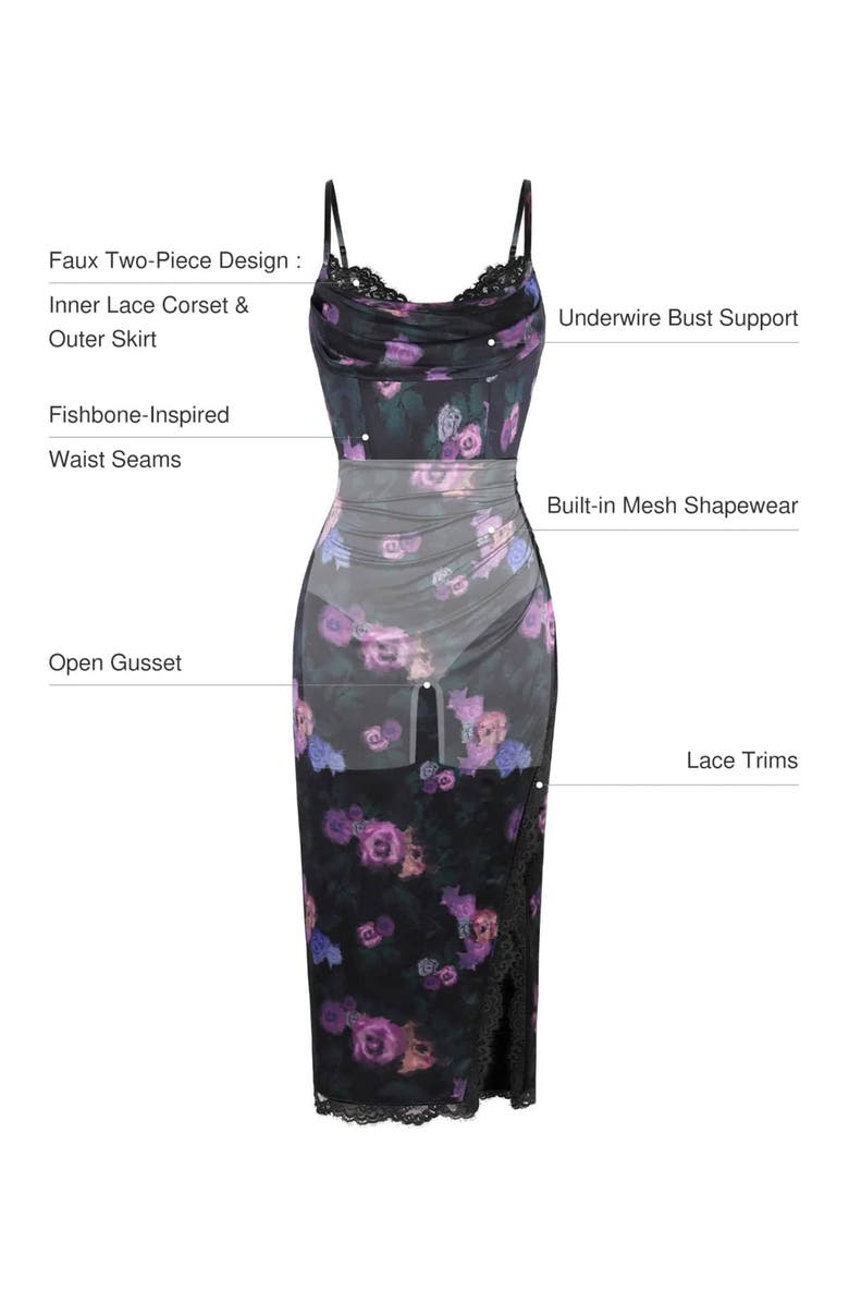 Popilush Lace Trim Sculpting Floral-Print Midi Dress, Alternate, color, Nocturne Floral