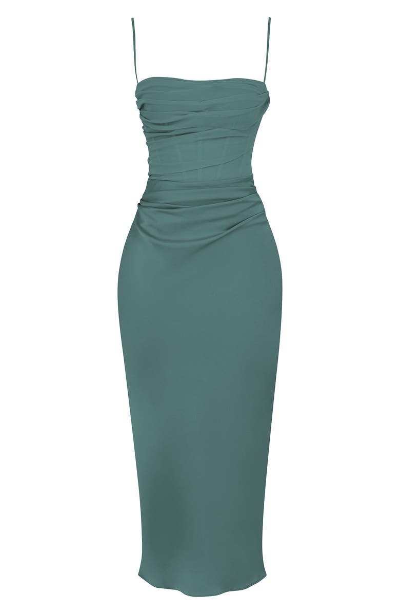 HOUSE OF CB Teia Satin & Georgette Corset Midi Dress, Alternate, color, Forest