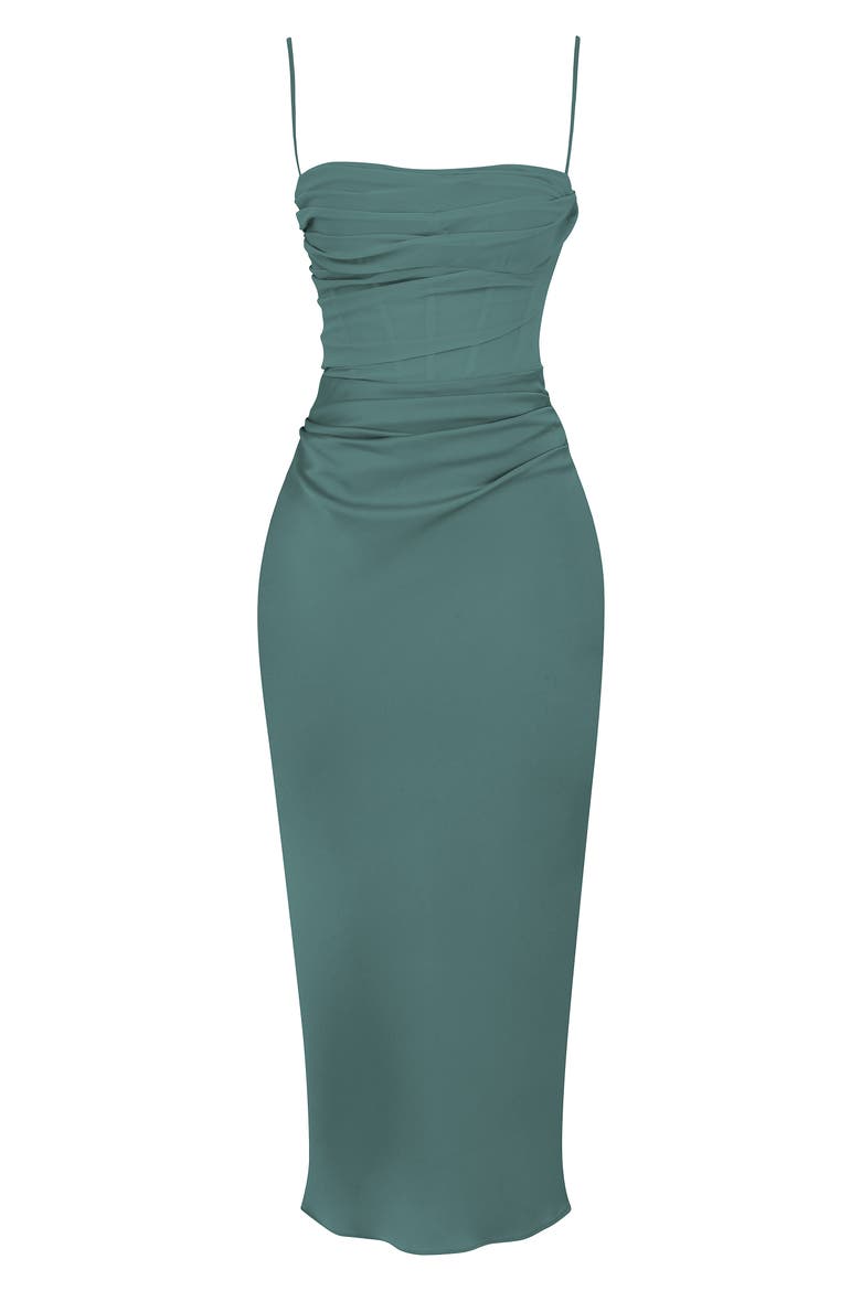 teia satin & georgette corset midi dress Clothing : Midi Dresses : 'Teia' Forest Draped Corset Midi Dress
