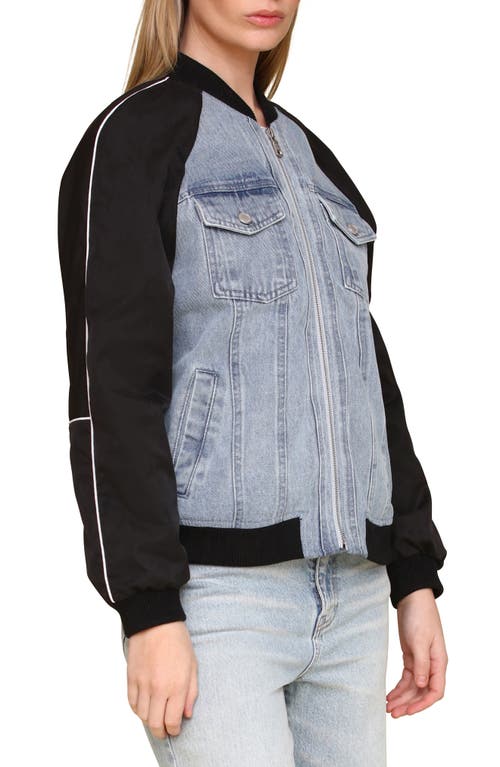 Avec Les Filles Mixed Media Denim Bomber Jacket In Light Blue Wash Navy