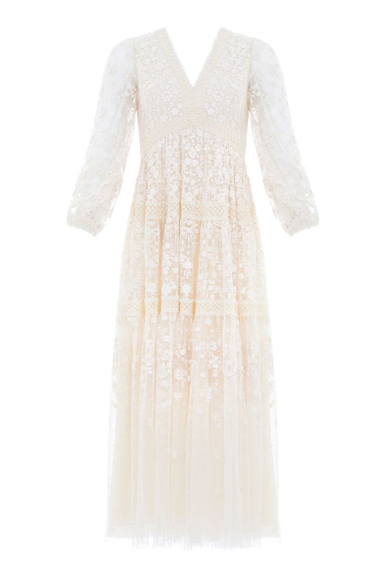 Celestia Ribbon Long Sleeve V-Neck Gown, Alternate, color, Champagne