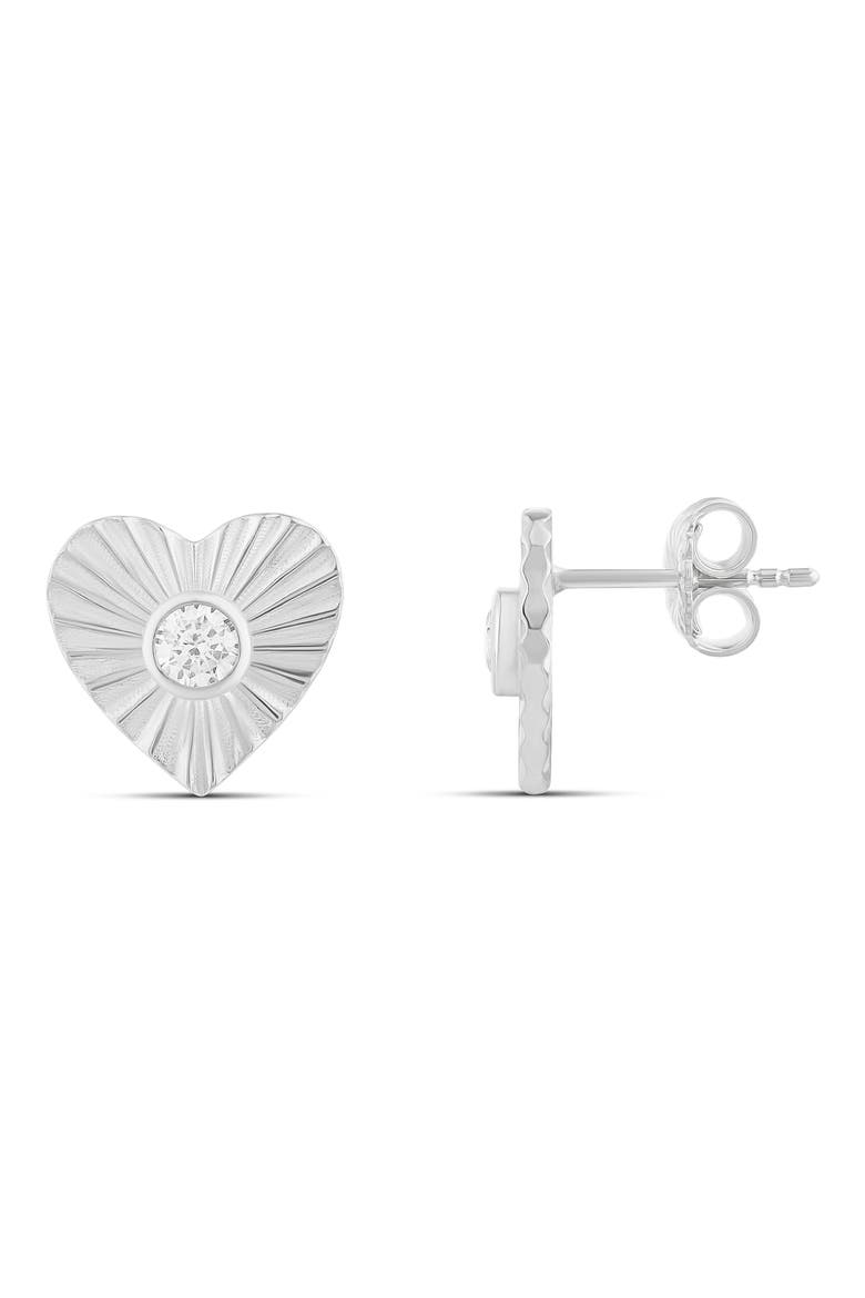 Fluted Heart Cubic Zirconia Stud Earrings, Main, color, SILVER