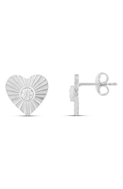 Fluted Heart Cubic Zirconia Stud Earrings
