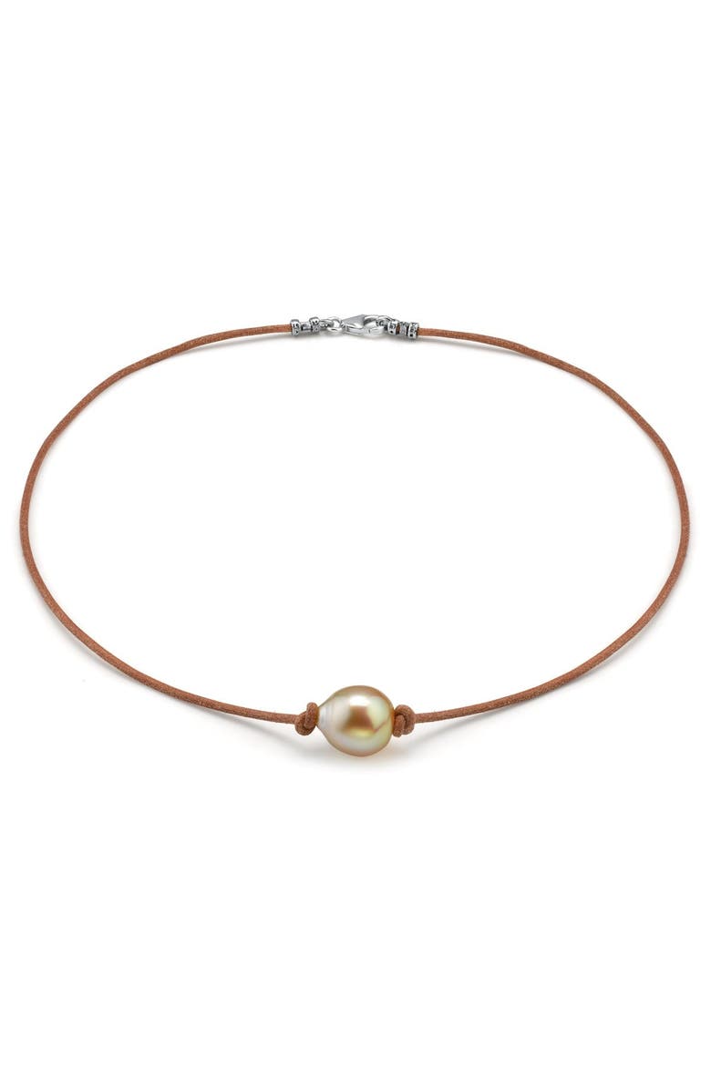 The Pearl Source Golden Baroque Pearl Leather Necklace, Main, color, Golden Pearl