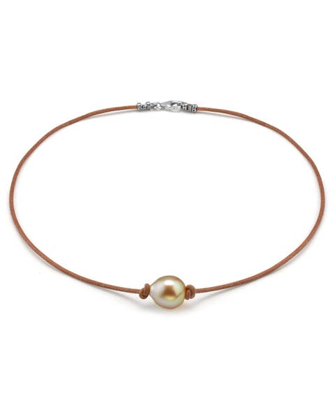 Golden Baroque Pearl Leather Necklace