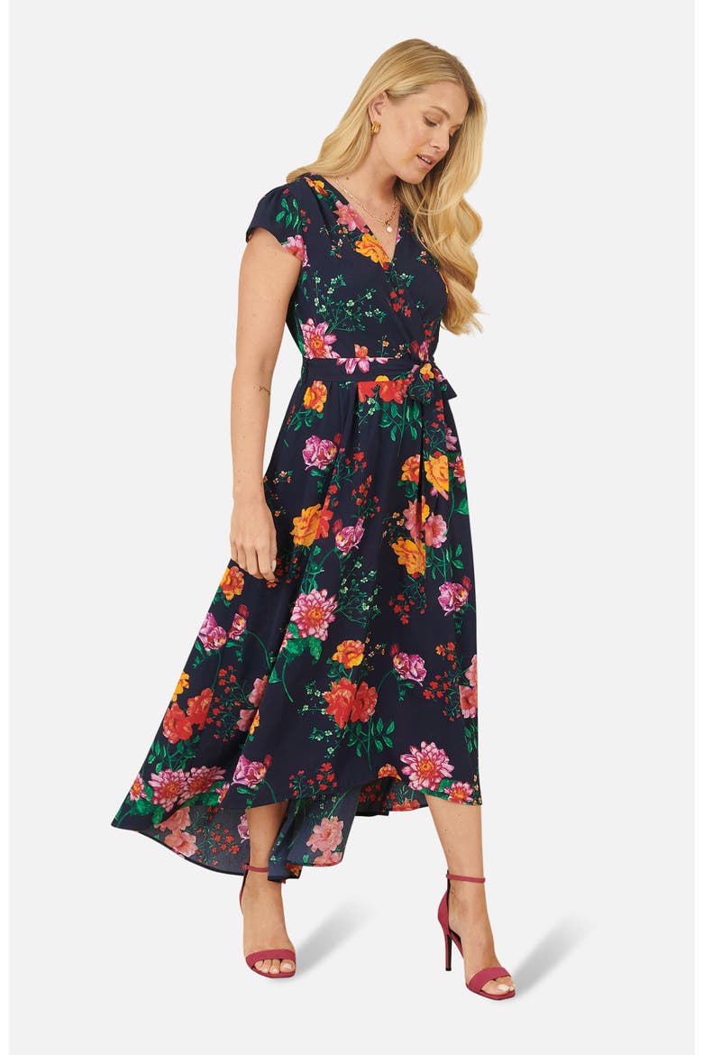 Flower  Print Wrap Midi Dress, Alternate, color, Navy