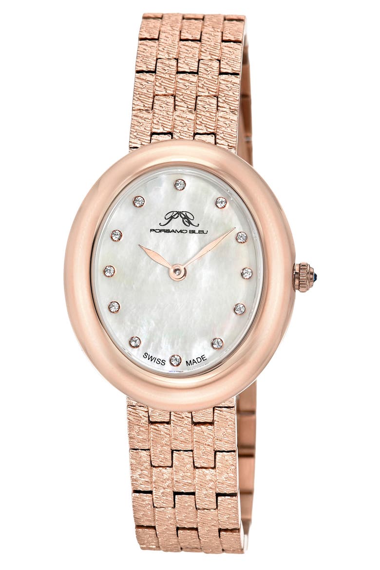 Women's Porsamo Bleu Angelica Oval MOP Dial Stainless Steel Watch, Main, color, ROSE GOLD/ WHITE