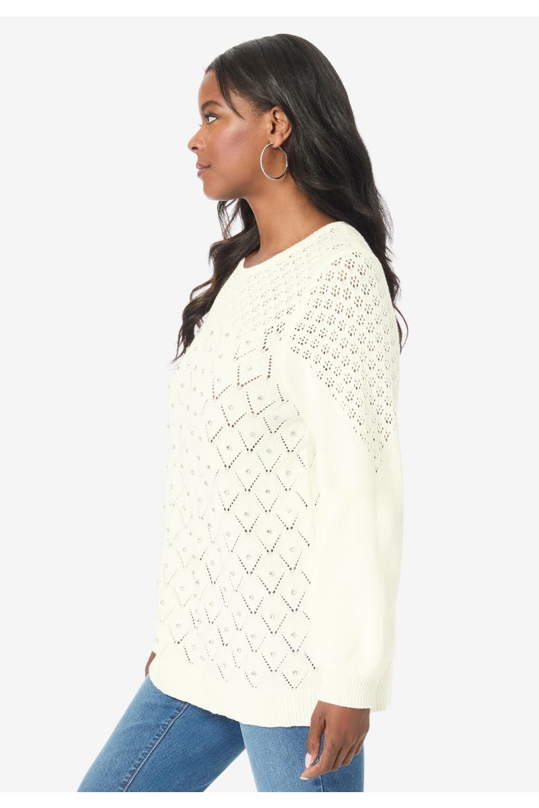 Rhinestone Pointelle Knit Sweater, Alternate, color, IVORY