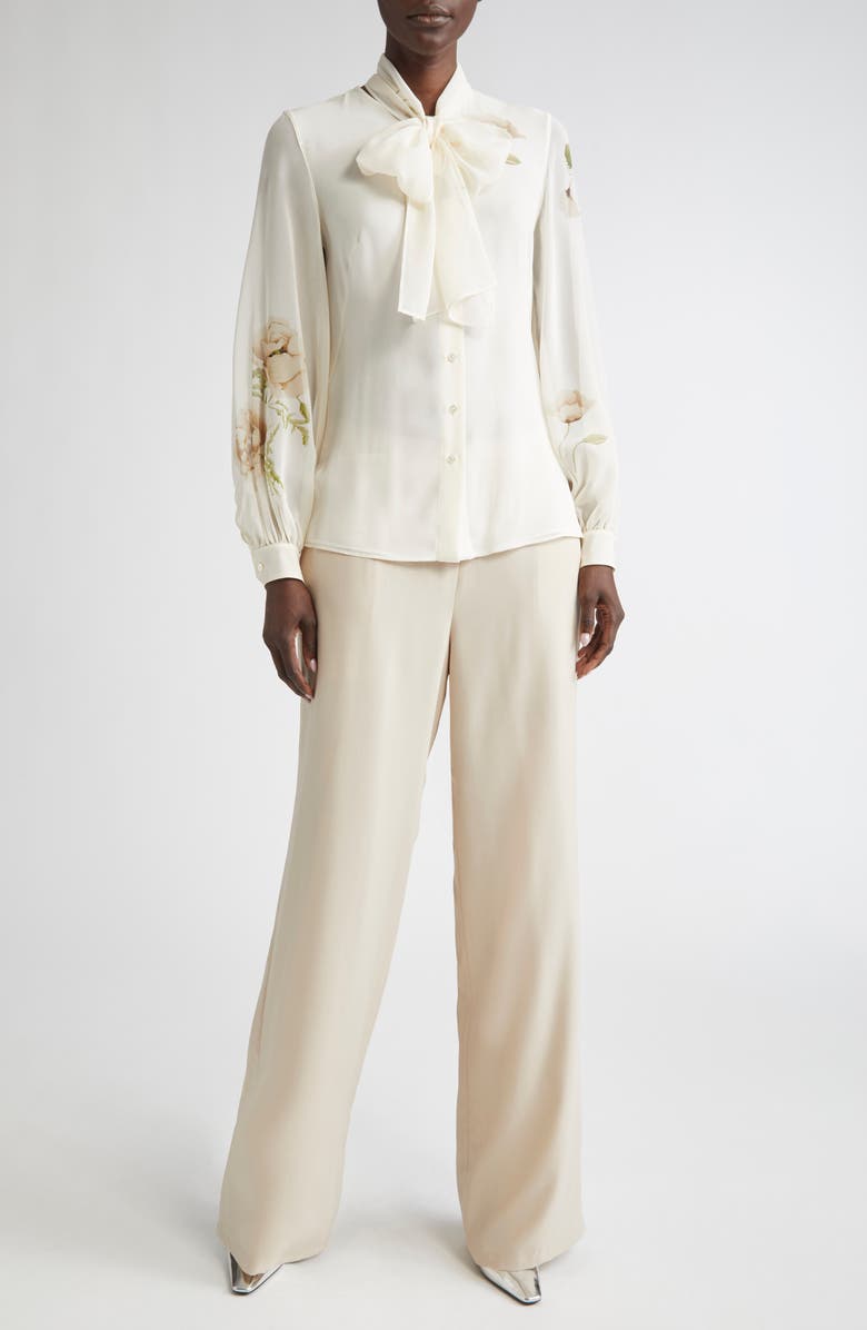 Akris Anemone Print Silk Georgette Tie Neck Shirt, Alternate, color, Greige-Ecru