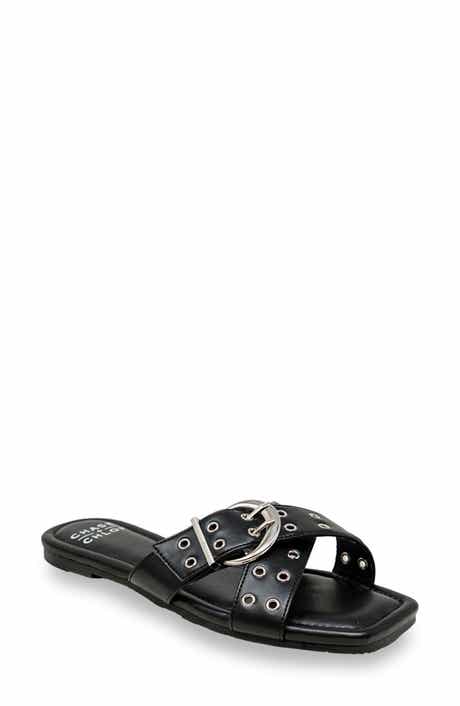 Grommet Cross Strap Slide Sandal