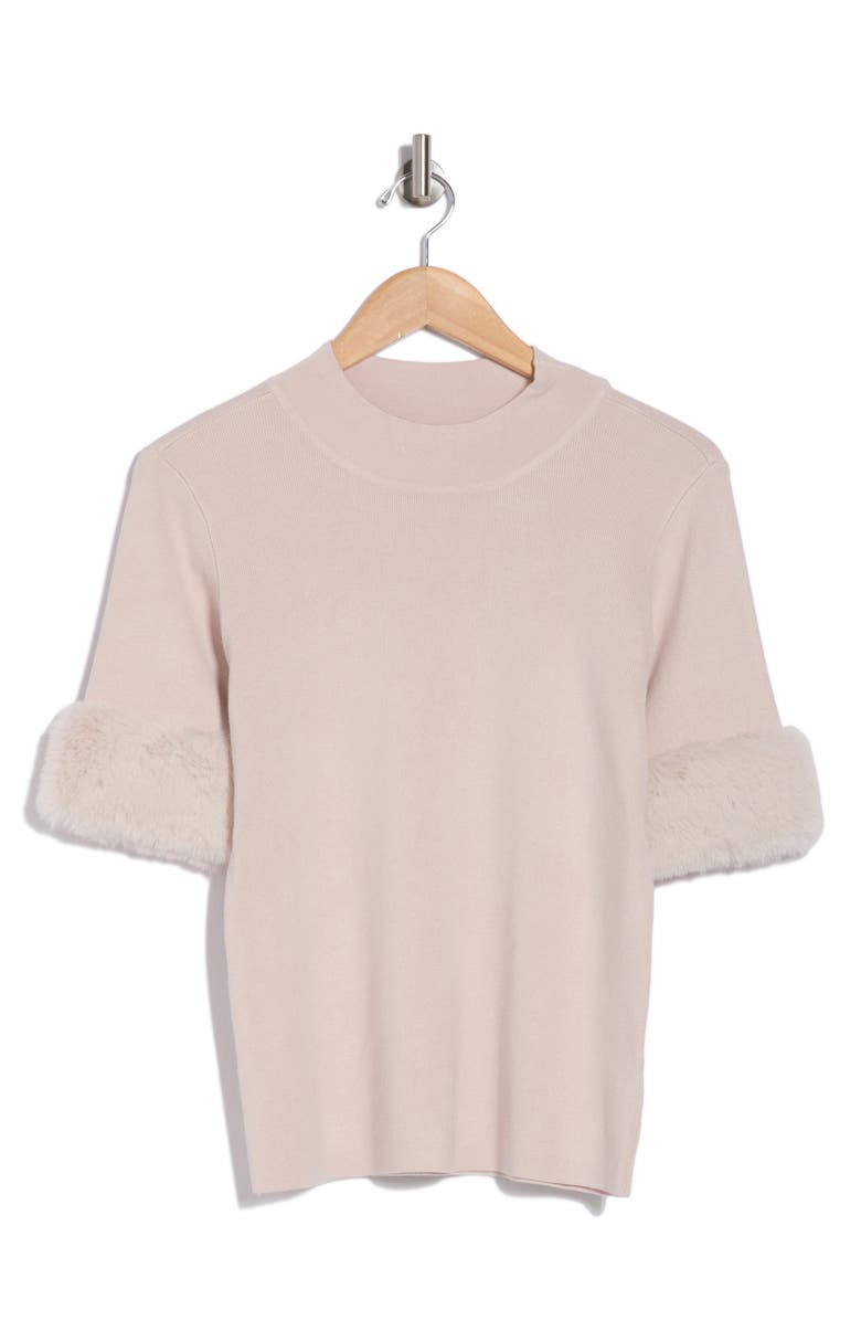 T Tahari Faux Fur Elbow Sleeve Top, Alternate, color, Pale Platinum Grey