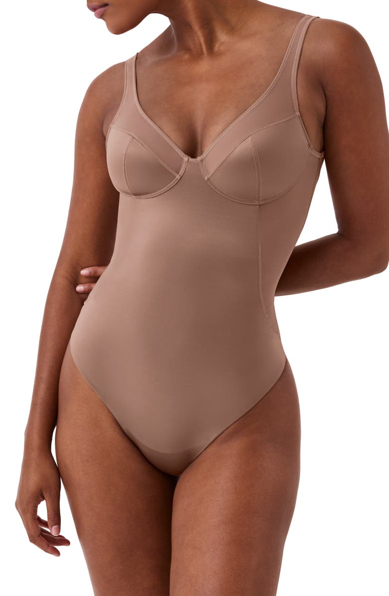 SPANX<sup>®</sup> Shaping Satin Thong Bodysuit, Alternate, color, Cafe Au Lait
