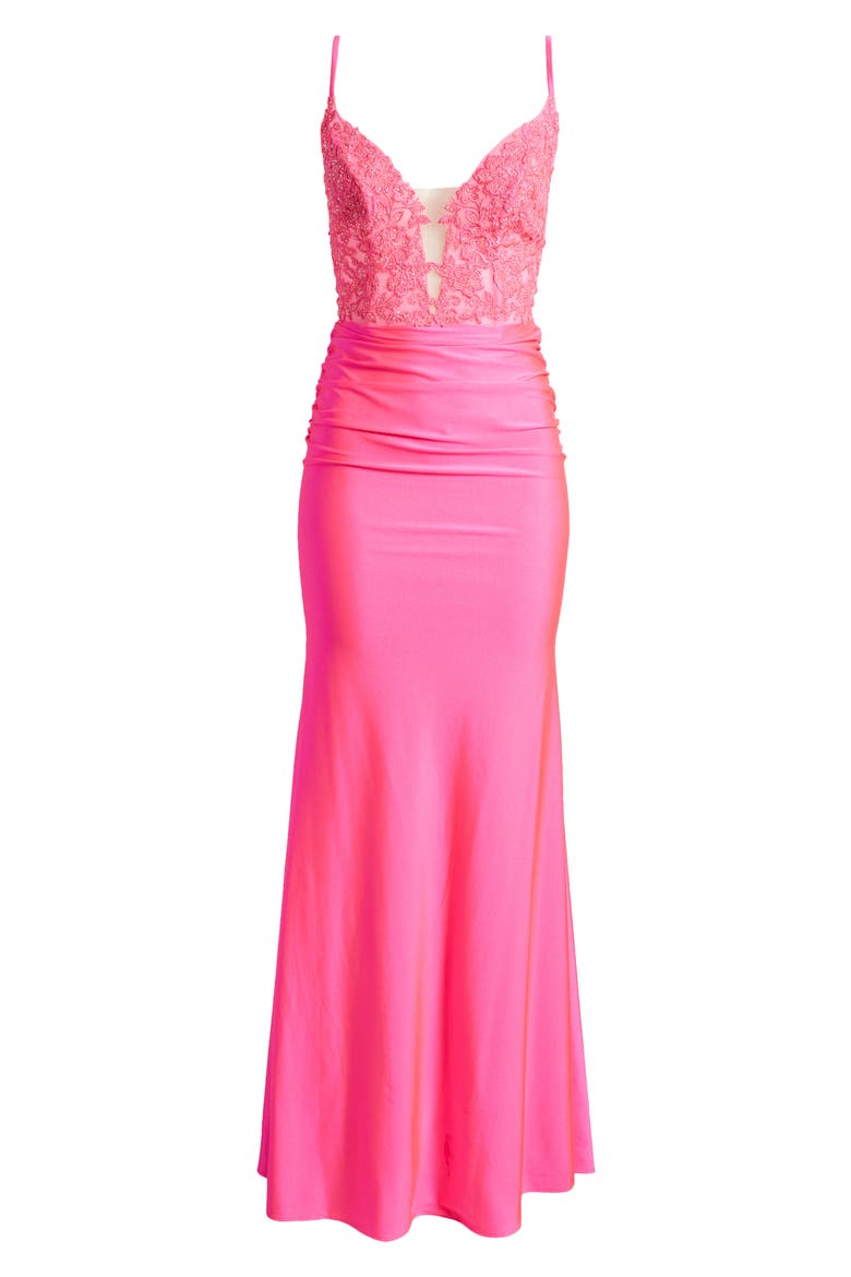 Neon Prom Dress with Beautiful Lace Bodice and Jersey Skirt, Alternate, color, NEON PINK